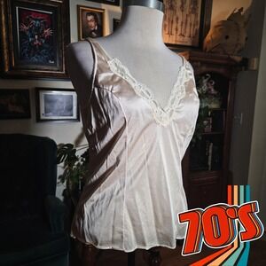 Vintage 70s Greenco Maid Champagne Lace Tricot Slip Camisole Lingerie Top